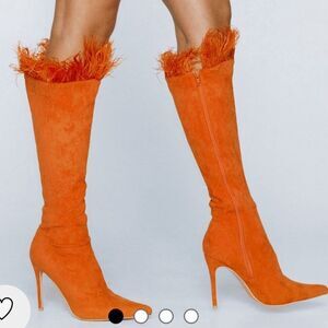 Nasty Gal Faux Suede Feather Trim‎ Knee High Boots Blue Heels New in Box